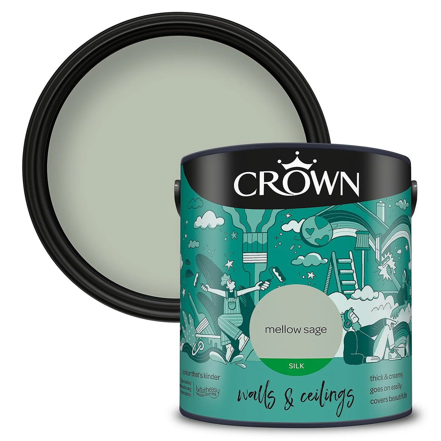 Crown Walls & Ceilings Silk Emulsion Paint Mellow Sage - 2.5L 3 Crown Walls & Ceilings Silk Emulsion Paint Mellow Sage - 2.5L