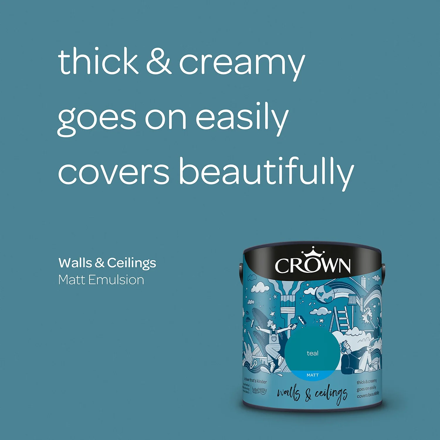 Crown Walls & Ceilings Matt Emulsion Paint Teal - 2.5L 6 Crown Walls & Ceilings Matt Emulsion Paint Teal - 2.5L - Image 4